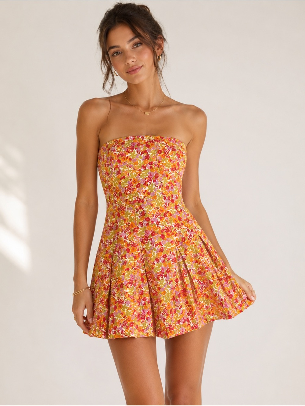 Free People Yellow Floral Strapless Mini Dress Sz.‎ L NWOT